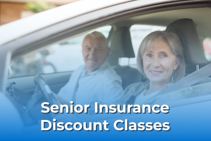 Image of a mature woman driving with man in the passenger seat with a blue overlay
